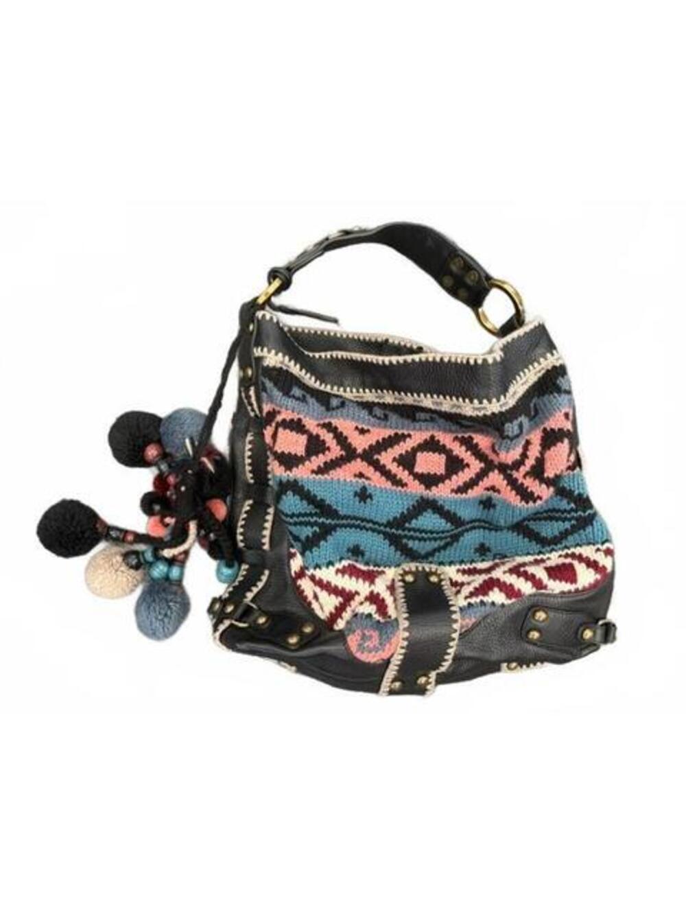 New Isabella Fiore Knit Pom Pom Leather Tote